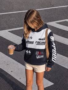 1pc Tween Girl Hooded Sweatshirt Pink Colorblock NEW YORK Number 23 Flame Star Y2K Sweet Cool American Street Style Loose Fit Sweatshirt Spring Autumn - Black - View 1