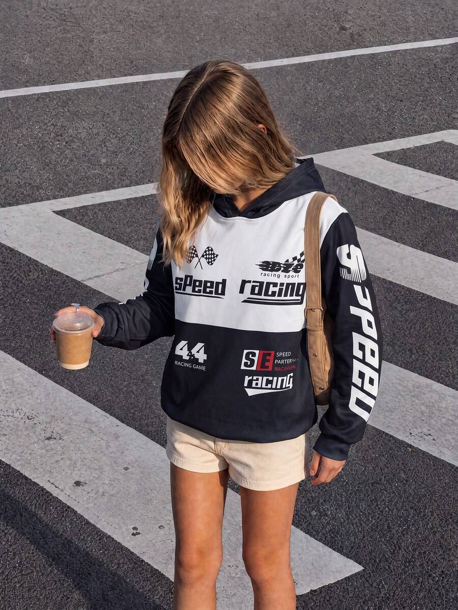 1pc Tween Girl Hooded Sweatshirt Pink Colorblock NEW YORK Number 23 Flame Star Y2K Sweet Cool American Street Style Loose Fit Sweatshirt Spring Autumn - Black - View 1