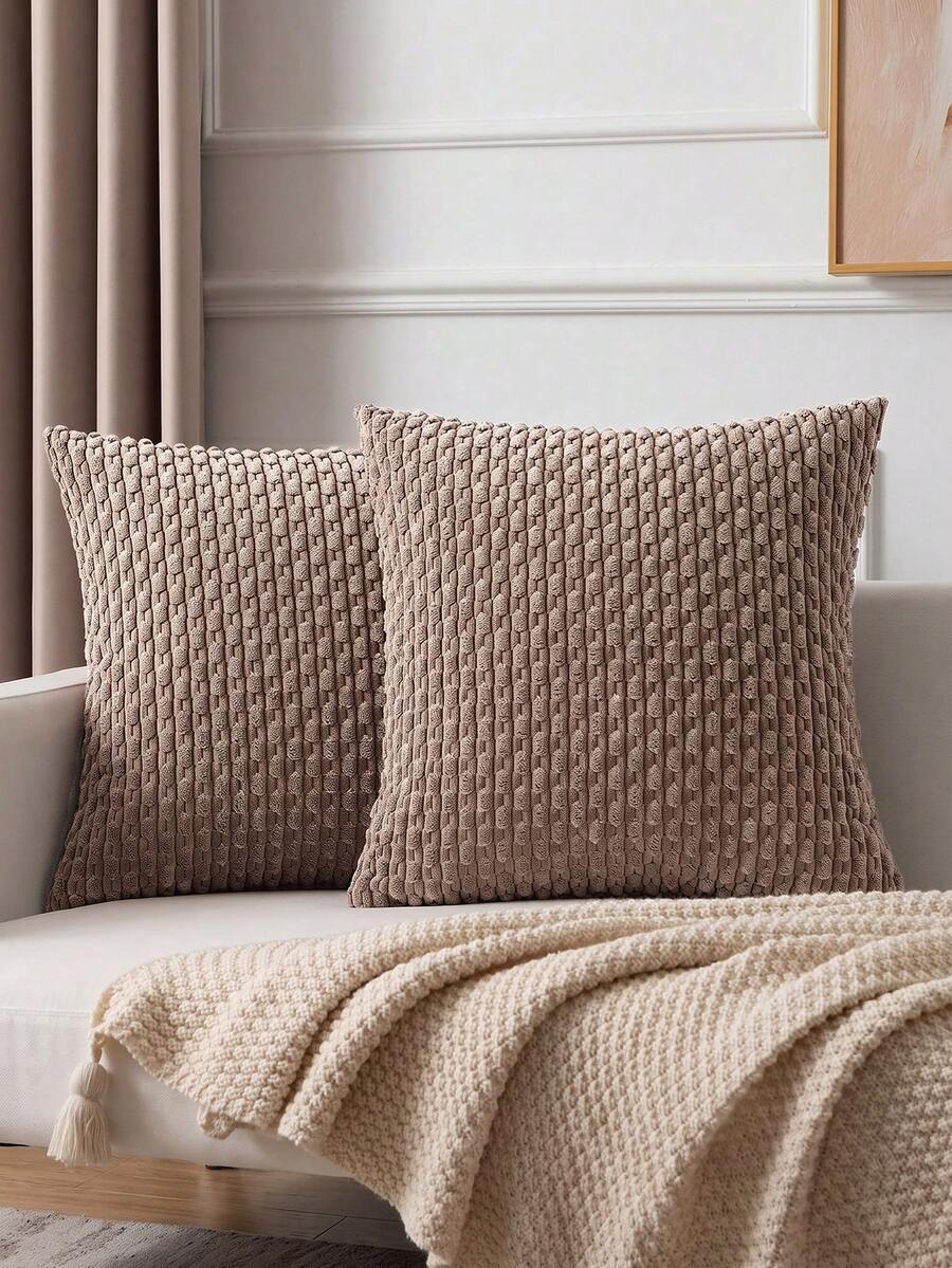 1pc/2pcs Bohemian Striped Pillow Cover (Pillow Insert Not Included), Soft Plush Corduroy Solid Color Decorative Square Pillow Case, Suitable For Holiday, Sofa, Bedroom, Bed, All Seasons