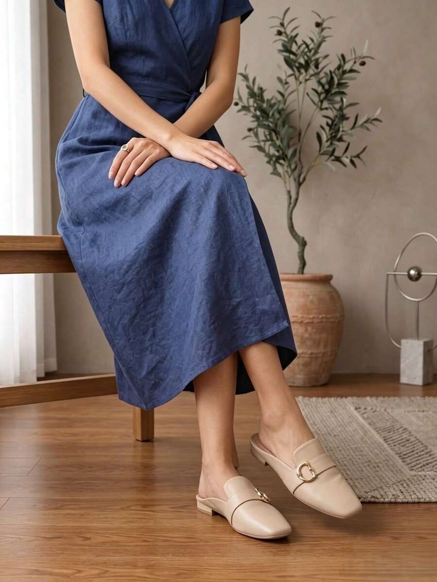 女款休閒百搭通勤金屬裝飾一腳蹬平底鞋 - 杏色 - 查看 1