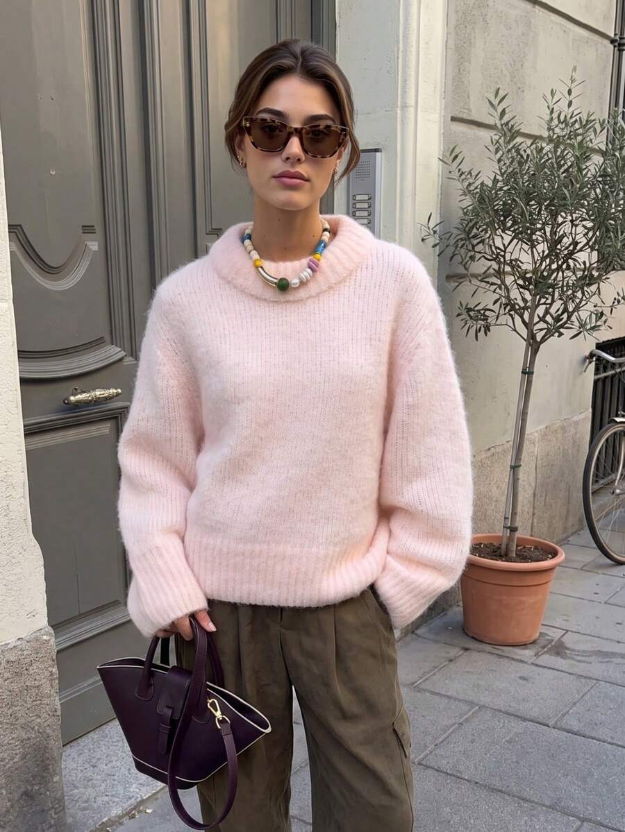 Senya 2026 Women's Pink Fuzzy Knit Sweater, Plus Size Funnel Neck Pullover, Soft Comfortable Loose Fit Long Sleeve Casual Autumn/Winter Top - Pink - View 1