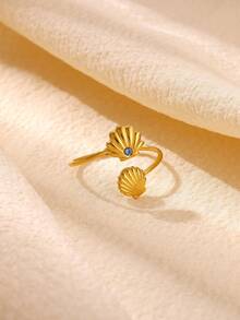 1PC Zirconia Double Shell Rings For Women Gold Color Stainless Steel Blue Crystal Shell Ring Ocean Beach Summer Fashion Jewelry Gift - Multicolor - View 7