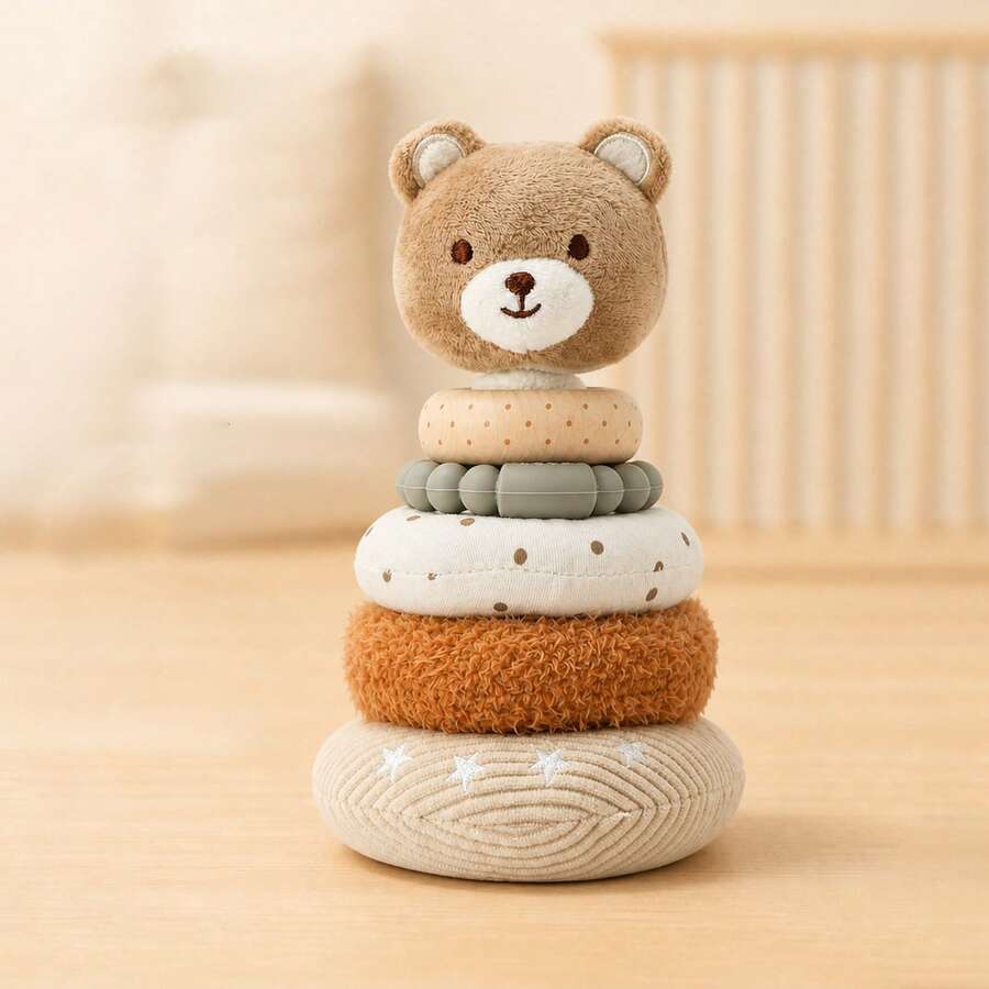 1pc Plush Animal Stacking Ring Toy, Bear/Rabbit/Dinosaur Soft Fabric Stacking Rings With Cotton Base, Multi-Material Tactile Rings For Baby Sensory Development And Early Education, Toddler Educational Toy, Baby Gift