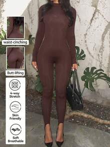 NOIRLYN Fall Winter Women's Round Neck Long Sleeve Jumpsuit Sexy Fitted Skinny Sports Unitard For Gym Workout - Brown - View 5