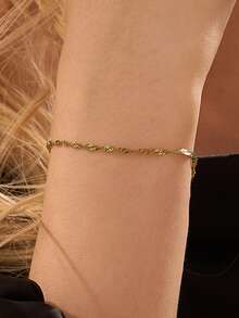 Nooxian 1pc Minimalist Women's Gold-Colored Stainless Steel Water Wave Chain - Yellow Gold - View 4