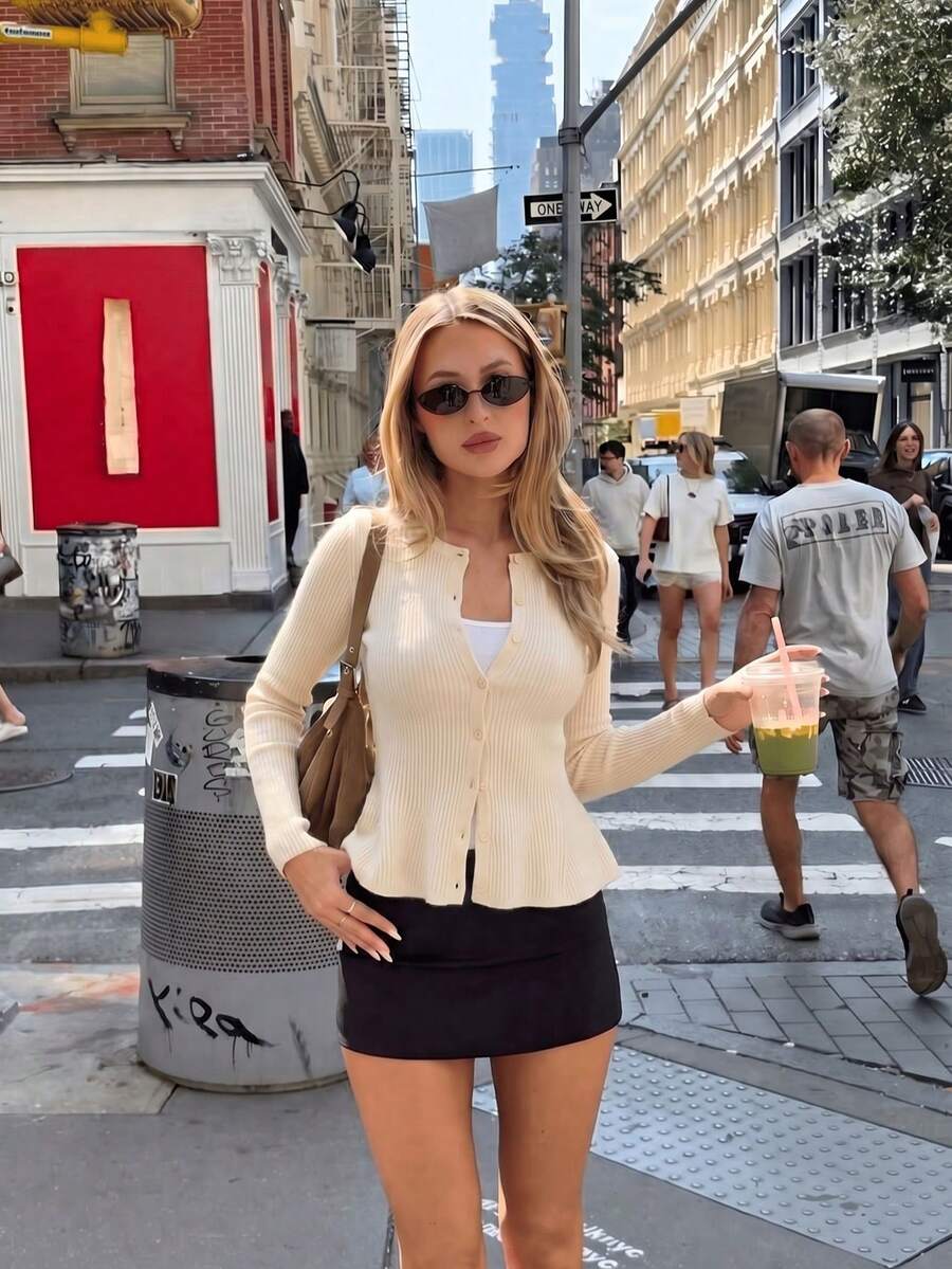 MORI Autumn/Winter Y2K Elegant Apricot Ribbed Knit Flared Hem Single-Breasted Cardigan Sweater Top, Women's Outfit For Outings, Parties, Vacations, Concerts - Cocoa Apricot - View 1