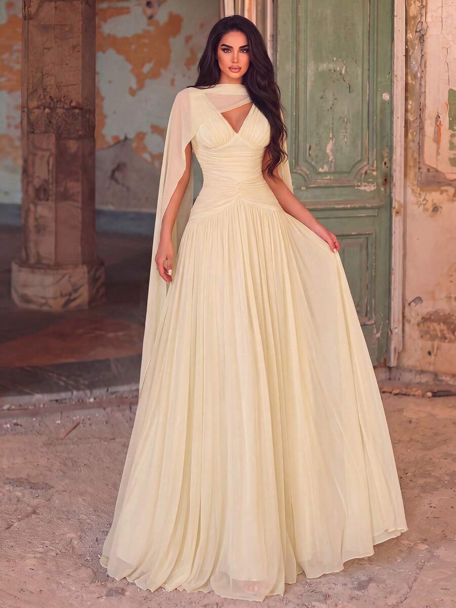 Women's Solid Color Pleated Elegant Waist-Cinching Cocktail Party Dress - Yellow - View 1