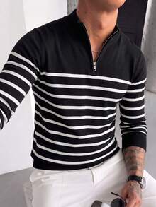 Men's Vintage Striped Half-Zip Sweater, Black & White Contrast Color, Stand Collar, Loose Fit, Casual, Autumn/Winter, Commute, Knit Long Sleeve Pullover - Black - View 7
