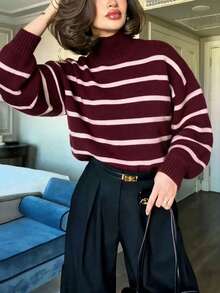 女款春夏新款高領灰色極簡通勤修身優雅羅紋長袖針織套頭毛衣 - 棗紅拼淺粉 - 查看 4