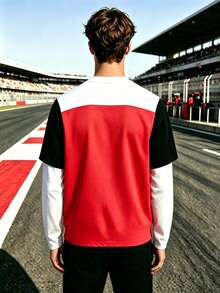 Men's Racing Print Colorblock Reproduction Two Pieces Long Sleeve T-Shirt, Casual Streetwear Crewneck T-Shirt - Multicolor - View 4