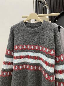 Women's Round Neck Jacquard Knit Sweater, Soft Long Sleeve Top, Suitable For Christmas, Halloween, Thanksgiving And Daily Wear - Grey - View 8