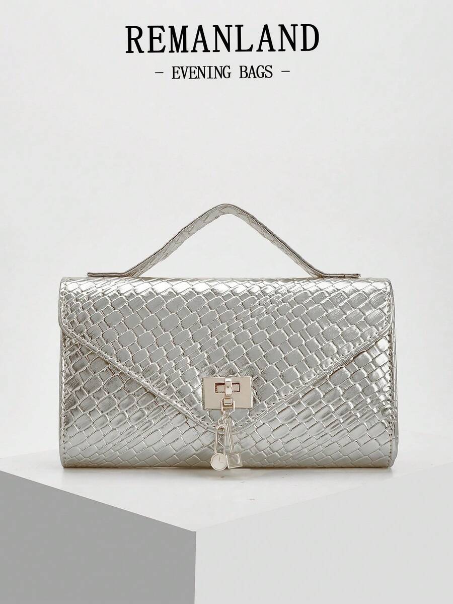 REMANLAND Women's Elegant Solid Color Envelope Clutch Bag, Elegant Evening Handbag, Flap Lock Design, Suitable For Wedding Guests, Evening Parties, Balls And Formal Occasions - Silver - View 1