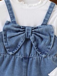 Girls' Big Bow Denim Overall Set, Loose Leg Bow Embroidery, Cute Fashion 2 Pieces Outfit - Blue and White - View 4