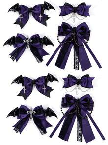 4/8pcs Gothic Style Purple Black Lace Bow Ribbon Hair Clip, Halloween Bat Cross Chain Hair Clip, Holiday Hair Accessory - Multicolor - View 11