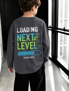 1pc Tween Boys Gradient Pixel Game Loading NEXT LEVEL Charcoal Gray Long Sleeve T-Shirt, Gaming Fun Unisex Kids Loose Fit Top For Spring And Autumn - Dark Grey - View 2
