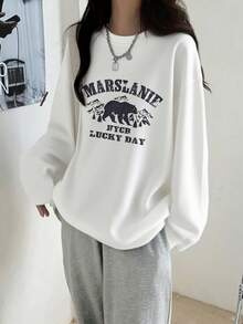 Women's Spring/Autumn Loose Fit Versatile Round Neck Fashion Casual Letter & Bear Print Long Sleeve T-Shirt Vacation - White - View 4