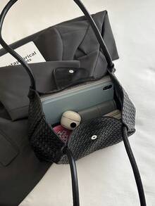 1pc Large Capacity Tote Bag, New Shopping Bag, Woven Texture Commuter Handbag, Can Be Used As Shoulder Bag Or Underarm Bag, Suitable For Women, Ideal For Short Trips, Also A Perfect Gift For Mothers, Lightweight Handbag Blending Classic Casual And Business Casual Styles. It's Very Suitable For Young Women, Able To Easily Adapt To Work Environment, Back To School Season, Middle School/High School/College Life And Holiday Travel. - Black - View 6