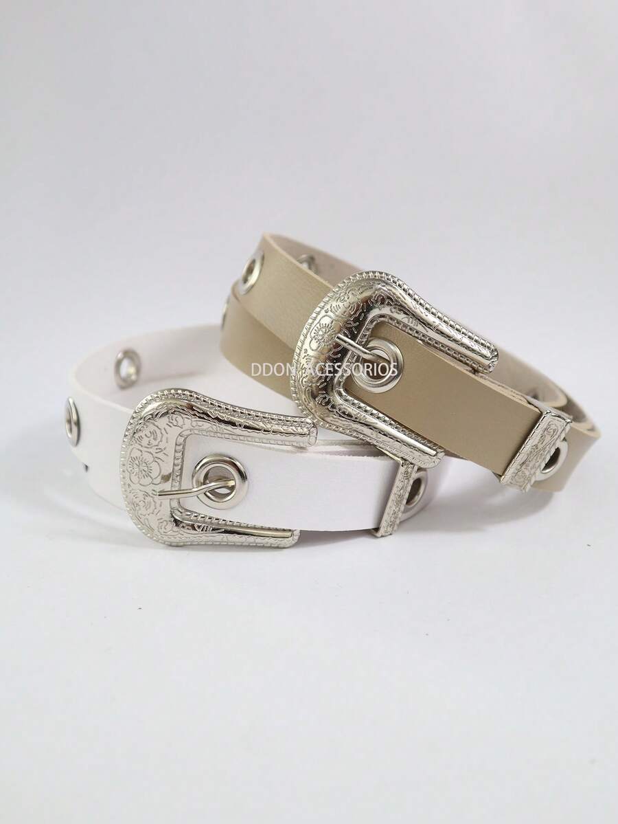 2.5CM Women's Belt With Metal Eyelets Boho Summer Gift - 白色+米色 - 查看 1