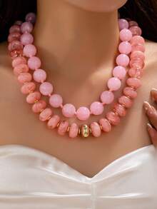 OABE 2pcs/Set Bohemian Style Elegant Pink Round And Oval Bead Layered Necklace Set Suitable For Women - Pink - View 2
