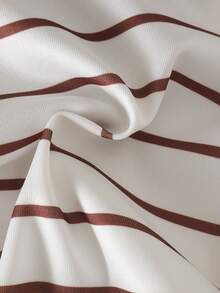 2pcs Baby Girl Casual Vintage Brown Striped Collared Waist-Cinching Long Sleeve Top & Straight Leg Pants Set, Thin Spring/Autumn - Khaki - View 5