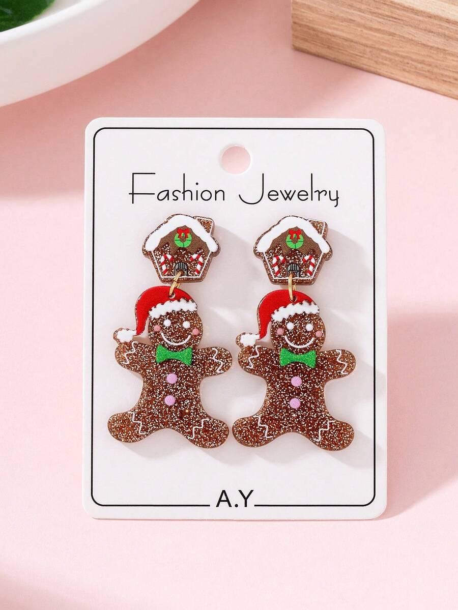 1 Pair Christmas Sparkling Cute House Gingerbread Man Design Women's Fashion Jewelry Earrings, Perfect Gift For Holiday Party - Multicolor - View 1
