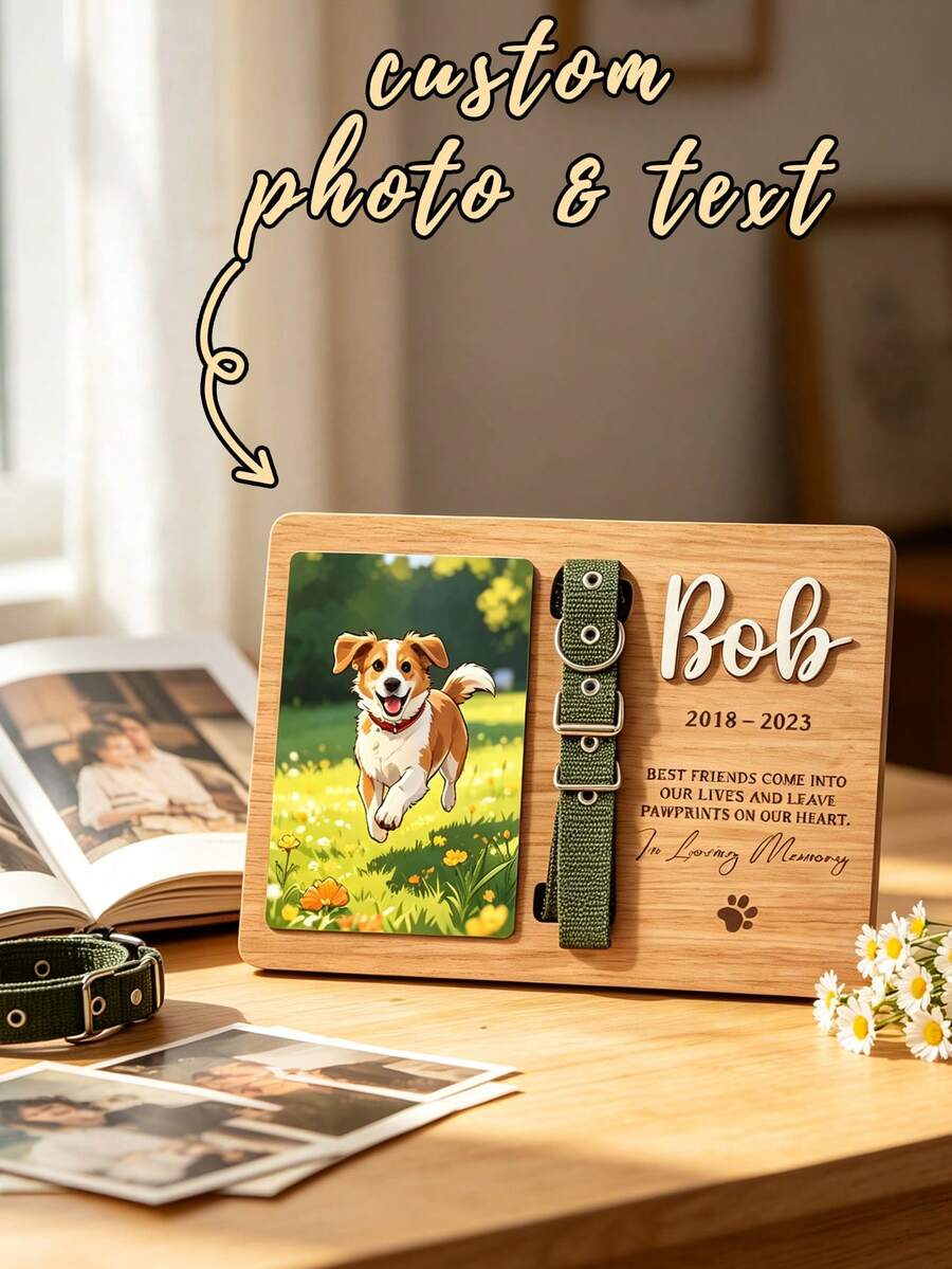 Personalized Custom Pet Memorial Plaque With Photo & Collar Clip, Engraved Name/Life Years/Quote, Wooden Base, Photo Slot, Collar Holder – Perfect For Home Decoration, Keepsake Gift For Pet Lovers (Dog/Cat Owners) - Multicolor - View 1