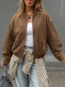 Women's Basic Baseball Short Jacket, Stand Collar Full Zip Loose Long Sleeve Fit, Side Pocket Design, Suitable For Daily Commute And Street Casual Looks - Brown - View 6