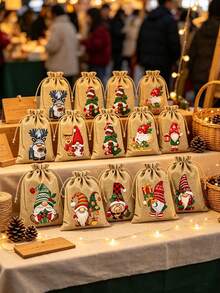 50/24/12/1pc Christmas Style Burlap Drawstring Gift Pouch, Rectangular Sack With Cute Gnome Print Pattern,Drawstring Closure For Gift Storage, Gift Packaging Bag,Party Favor Sack For Christmas Holiday Gift Wrapping Christmas Gift Bag Christmas Decor - Multicolor - View 6