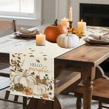 1pc Autumn Hello Pumpkin Watercolor White Pumpkin Floral Print Table Runner - Polyester Stiff Fabric, Rectangular, Ideal For Holiday Dining And Outdoor Parties, Suitable For Home Dining Room, Restaurant, Kitchen Supplies, Party Table Decor - Light Yellow - View 4