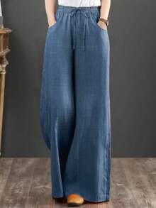 Women's Plus Size Straight Leg Pants, Drawstring Waist With Pockets, Non-Stretch Fabric, Casual And Comfortable - Blue - View 4