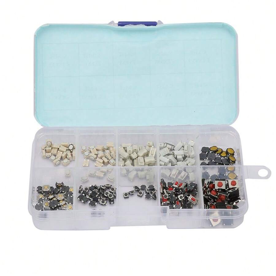 250-teiliges Taktilschalter-Set – 10 verschiedene Arten von Mikro-Tastern – Robuste Push-Button-Schalter für TV, Audio, Computer & mehr – Kompakte Aufbewahrungsbox – Vielseitiges Reparatur- & Bastel-Set - Übersicht 1