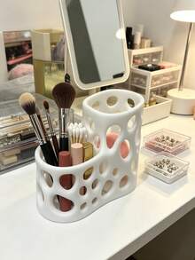 3D Printed Hollow Multi-Compartment Storage Box, Bathroom Sink Organizer, Vanity Makeup Brush & Lipstick Holder, Creative Asymmetric Hole Design Skincare Toothbrush Toothpaste Miscellaneous Desktop Storage Container - Multicolor - View 3