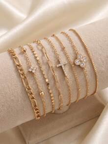 8pcs Luxury INS Rhinestone Flower & Cross Bracelet Set, Hip Hop Personalized Metal Thin Chain Layered Hand Jewelry - 8-piece Set - View 3