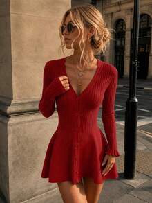 Y2K Elegant Autumn Minimalist Front Button Slim Fit V-Neck Long Sleeve A-Line Flared Hem Ribbed Knit Sweater Dress, Casual Party Holiday Christmas Outfit - Red - View 5