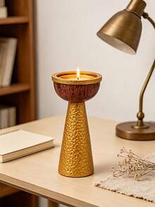1 Piece Classic Tall Column Candle Holder, Handcrafted Textured Candlestick Ornament For Indoor Home Party Holiday Arrangement - Gold Pedestal Candle Holder - View 5