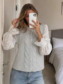 Wixra Women's Cable Knit Sleeveless Vest Cardigan, Round Neck Button Front Loose Fit Knit Waistcoat - Grey - View 3