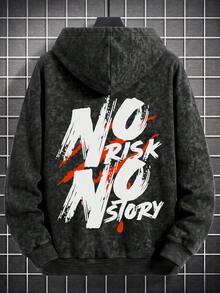 男士碳黑色紮染做舊 NO RISK NO STORY 紅色刷筆塗鴉英文字體寬鬆版袋鼠口袋連帽衛衣 - 黑色 - 查看 4