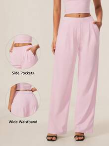 TimeOff Women's 1pc Solid Color Autumn/Winter Pleated Front Side Pocket Straight Leg Wide Leg Pants - Pink - View 10