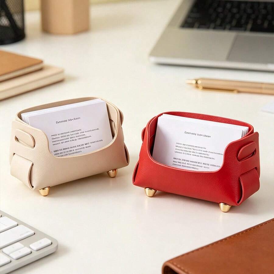 1pc Desktop Storage Card Box, Business Card Holder, PU Leather Business Card Case Pocket Card Holders, Card Storage Box, Office Supplies, Office Decor Ornament, Back To School - A - View 1
