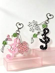 2pcs/Set Ins Korean Vintage Lucky Four-Leaf Clover Polka Dot Musical Note Striped Wing Keychain & Key Ring, Sweet Cute Pendant Bag Charm, Back To School Backpack Car Key Gift For Girlfriend Best Friend Birthday Small Present - Polka Dot Music Notes - View 3