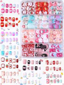 288片兒童美甲貼片 Naio Kids 假指甲，預黏膠式美甲貼，全覆蓋短款壓克力美甲套組，適合女孩美甲裝飾 - 彩色 - 查看 2