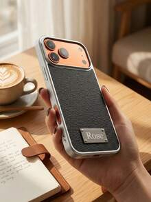 Custom Name Laser Engraved Metal Nameplate Phone Case, Compatible With IPhone 15 16 17 18 Pro Max, Silver Electroplated Frame, Large Camera Opening, Faux Leather Litchi Texture, Full Coverage Protective Phone Case, Luxury Personalized Gift, Suitable For Women And Girls, Daily Commute, Office, Date, Party, Birthday Surprise Gift - Black - View 3