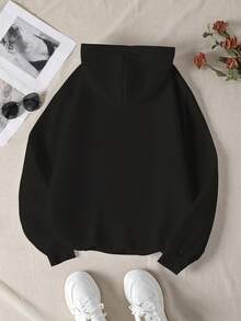Women's Solid Color Fleece Hooded Sweatshirt With Adjustable Drawstring, Long Sleeve With Pockets, Warm Hooded Long Sleeve Top, Suitable For Autumn And Winter Wear - Black - View 3