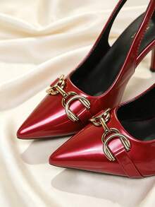 1 Pair Hot Red Pointed Toe High Heel Shoes, Shiny PU Material, Metal Horse Bit Buckle Decor, Closed Toe Back Strap Slip-On Design, Luxury Party Style, Suitable For Dating, Evening Dinner, Party, Daily Commute, Travel And Outdoor Wear - Rouge Casaque - View 4