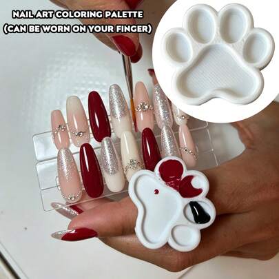 Cute Cat Paw Wearable Finger Paint Palette, 3D Printed Mini Nail Art Color Mixing Dish, Portable Pigment Mixing Tray For Home Manicure Salon DIY Handcraft Painting Tools