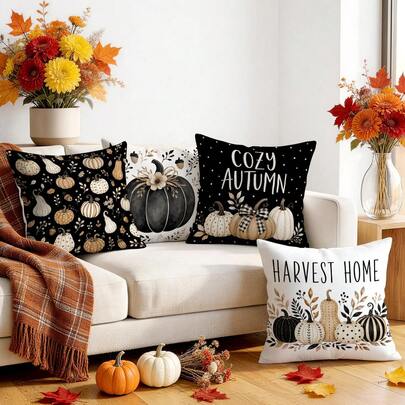 4pcs/1pc Black & Gold Pumpkin Autumn Pattern Pillow Covers, Single-Sided Printed Cushion Covers, Suitable For Living Room, Bedroom, Home Decor, All-Season Pillow Covers
