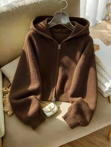 Brown Hooded Two-Way Zipper Ribbed Knit Drop Shoulder Long Sleeve Cardigan Women Cozy Casual Halloween Christmas New Year Fall Winter - Brown - View 8