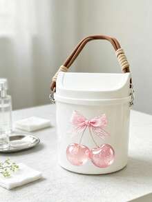 Cute Bowknot Cherry Print Swing Lid Car Trash Can, Kawaii Hanging Waste Bin, Multifunctional Desktop Sundry Storage Bucket, Makeup Brush Holder, Portable Organizer Container For Vehicle Interior Decor - A - View 2