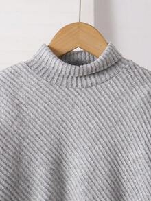 Tween Girl Kids Autumn/Winter 2-Piece Set Fashion New Casual Solid Color Minimalist Fuzzy Ribbed Irregular Hem Balloon Sleeve High Neck Gray T-Shirt Top With Loose Wide Leg Pants Long Pants Outfit - Grey - View 4