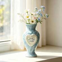 1pc Light Blue Heart-Shaped Ceramic Vase Set, Embossed Heart-Shaped Text Decor Vase, Modern Farmhouse Style Home Living Room Tabletop Centerpiece - Multicolor - View 9